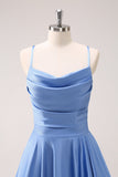 Blue A Line Cowl Neck Satin Asymmetrical Ruffled Bridesmaid Dress with Slit