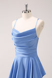 Blue A Line Cowl Neck Satin Asymmetrical Ruffled Bridesmaid Dress with Slit