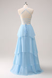 Sparkly Sky Blue A Line Halter Tiered Long Bridesmaid Dress with Lace Up Back