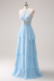 Sparkly Sky Blue A Line Halter Tiered Long Bridesmaid Dress with Lace Up Back