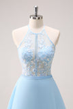 Sparkly Sky Blue A Line Halter Tiered Long Bridesmaid Dress with Lace Up Back