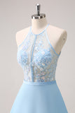 Sparkly Sky Blue A Line Halter Tiered Long Bridesmaid Dress with Lace Up Back