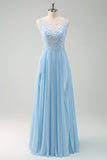 Sparkly Sky Blue A Line Boat Neck Backless Sequin Bridesmaid Dress