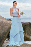 Sparkly Sky Blue A Line Halter Tiered Bridesmaid Dress with Lace Up Back