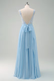 Sparkly Sky Blue A Line Boat Neck Backless Sequin Bridesmaid Dress