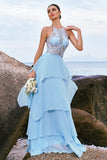 Sparkly Sky Blue A Line Halter Tiered Bridesmaid Dress with Lace Up Back