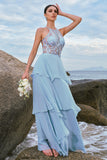 Sparkly Sky Blue A Line Halter Tiered Bridesmaid Dress with Lace Up Back