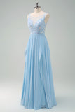 Sparkly Sky Blue A Line Boat Neck Backless Sequin Bridesmaid Dress