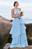 Sparkly Sky Blue A Line Halter Tiered Bridesmaid Dress with Lace Up Back