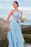 Sparkly Sky Blue A Line Halter Tiered Bridesmaid Dress with Lace Up Back