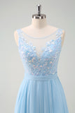 Sparkly Sky Blue A Line Boat Neck Backless Sequin Bridesmaid Dress