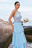 Sparkly Sky Blue A Line Halter Tiered Bridesmaid Dress with Lace Up Back