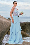 Sparkly Sky Blue A Line Halter Tiered Bridesmaid Dress with Lace Up Back