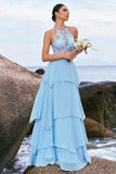 Sparkly Sky Blue A Line Halter Tiered Bridesmaid Dress with Lace Up Back