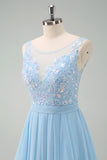 Sparkly Sky Blue A Line Boat Neck Backless Sequin Bridesmaid Dress