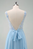 Sparkly Sky Blue A Line Boat Neck Backless Sequin Bridesmaid Dress