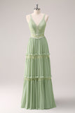 Green A Line Spaghetti Straps Ruffled Floral Bridesmaid Dress with Lace