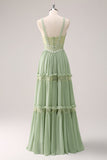 Green A Line Spaghetti Straps Ruffled Floral Bridesmaid Dress with Lace