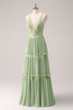 Green A Line Spaghetti Straps Ruffled Floral Bridesmaid Dress with Lace