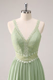 Green A Line Spaghetti Straps Ruffled Floral Bridesmaid Dress with Lace