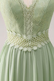 Green A Line Spaghetti Straps Ruffled Floral Bridesmaid Dress with Lace