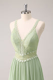 Green A Line Spaghetti Straps Ruffled Floral Bridesmaid Dress with Lace