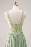 Green A Line Spaghetti Straps Ruffled Floral Bridesmaid Dress with Lace