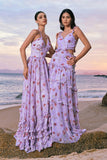 Grey Purple A-Line Floral Hollow Out Ruffle Long Bridesmaid Dress