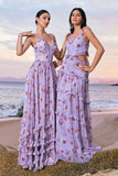 Grey Purple Flower A-Line Halter Ruched Corset Long Bridesmaid Dress with Slit