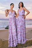 Grey Purple A Line Off The Shoulder Floral Long Bridesmaid Dress with Hollow Out