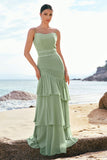 Green Sheath Ruffled Chiffon Long Bridesmaid Dress with Lace