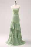 Green Sheath Floral Ruffled Chiffon Long Bridesmaid Dress