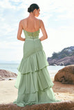 Green Sheath Ruffled Chiffon Long Bridesmaid Dress with Lace