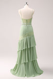 Green Sheath Floral Ruffled Chiffon Long Bridesmaid Dress