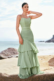 Green Sheath Ruffled Chiffon Long Bridesmaid Dress with Lace