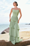 Green Sheath Ruffled Chiffon Long Bridesmaid Dress with Lace