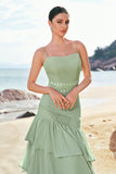 Green Sheath Ruffled Chiffon Long Bridesmaid Dress with Lace