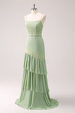 Green Sheath Floral Ruffled Chiffon Long Bridesmaid Dress