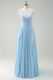 Sparkly Sky Blue A Line Bateau Neck Pleated Long Bridesmaid Dress