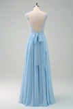 Sparkly Sky Blue A Line Bateau Neck Pleated Long Bridesmaid Dress