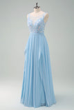 Sparkly Sky Blue A Line Bateau Neck Pleated Long Bridesmaid Dress