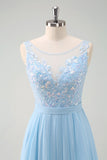 Sparkly Sky Blue A Line Bateau Neck Pleated Long Bridesmaid Dress