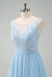 Sparkly Sky Blue A Line Bateau Neck Pleated Long Bridesmaid Dress