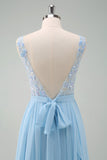 Sparkly Sky Blue A Line Bateau Neck Pleated Long Bridesmaid Dress