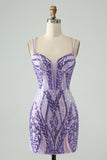 Gorgeous Dark Purple Bodycon Spaghetti Straps Corset Homecoming Dress with Sequins