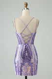 Gorgeous Dark Purple Bodycon Spaghetti Straps Corset Homecoming Dress with Sequins