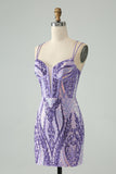 Gorgeous Dark Purple Bodycon Spaghetti Straps Corset Homecoming Dress with Sequins