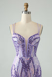 Gorgeous Dark Purple Bodycon Spaghetti Straps Corset Homecoming Dress with Sequins