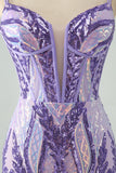 Gorgeous Dark Purple Bodycon Spaghetti Straps Corset Homecoming Dress with Sequins