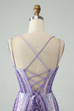 Gorgeous Dark Purple Bodycon Spaghetti Straps Corset Homecoming Dress with Sequins